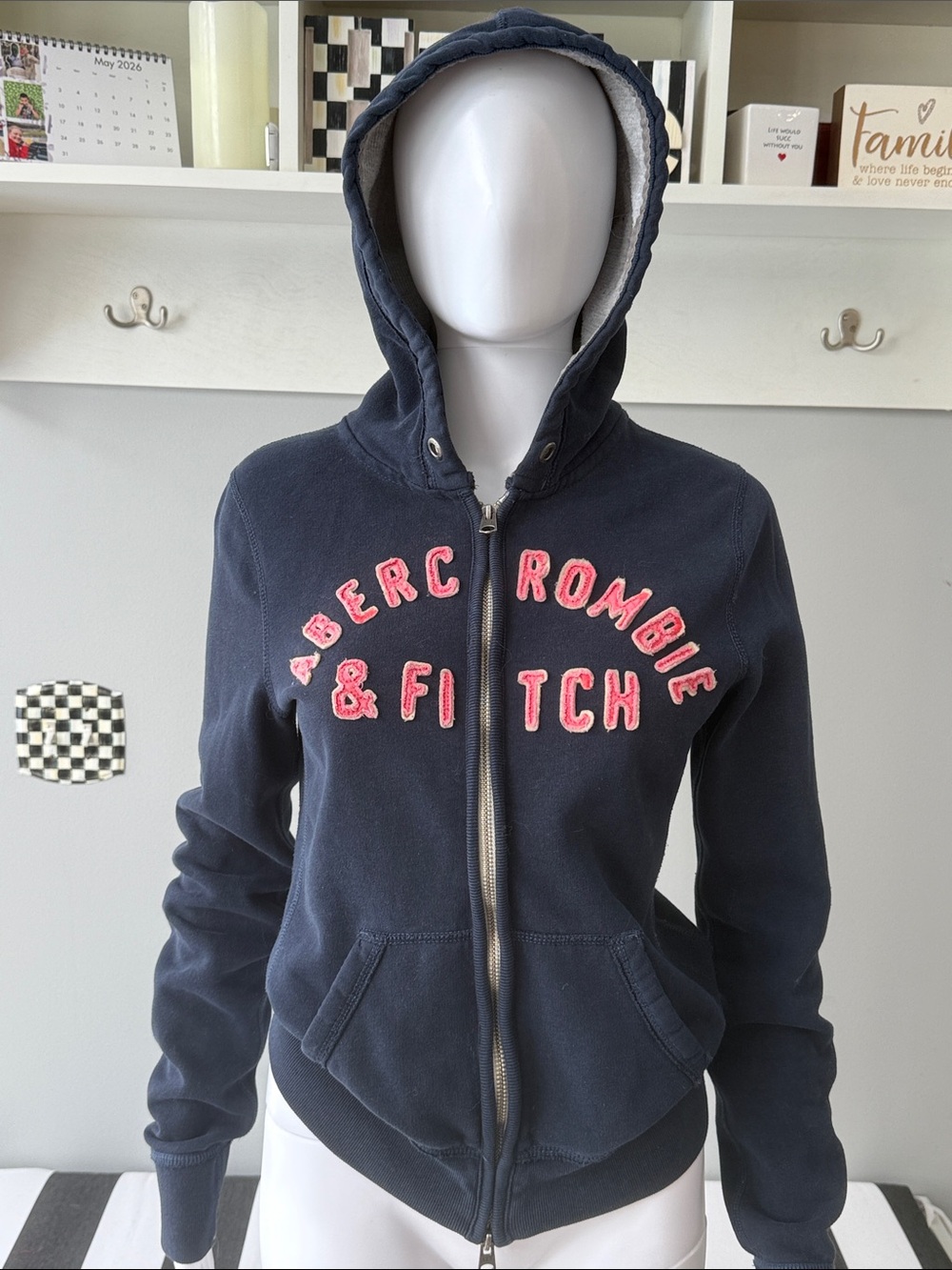 Abercrombie & Fitch Navy Waffle Lined Hoodie Distressed Pink Appliqué Logo-Med